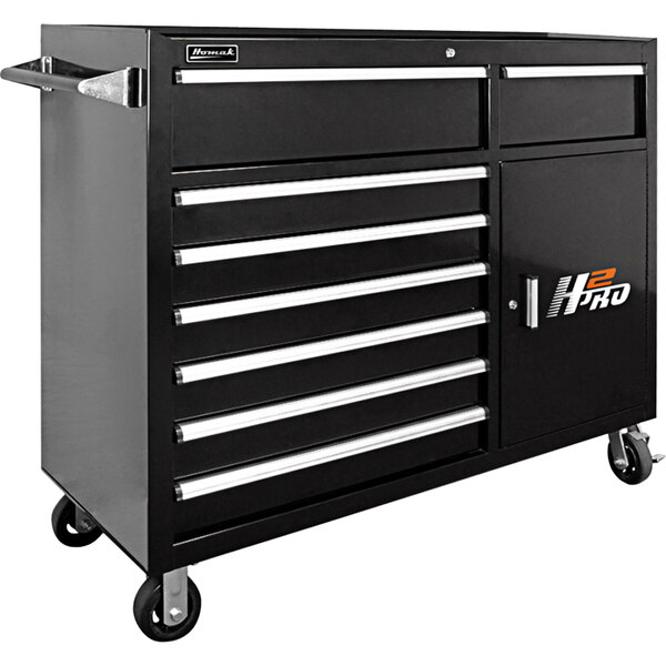 A black Homak roller cabinet with drawers and wheels.