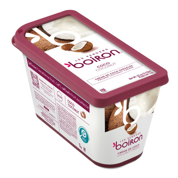 A rectangular container of Les Vergers Boiron coconut cream 100% fruit puree.