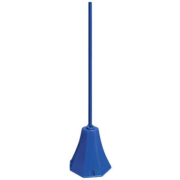 A blue plastic Vestil sign base with a steel pole.