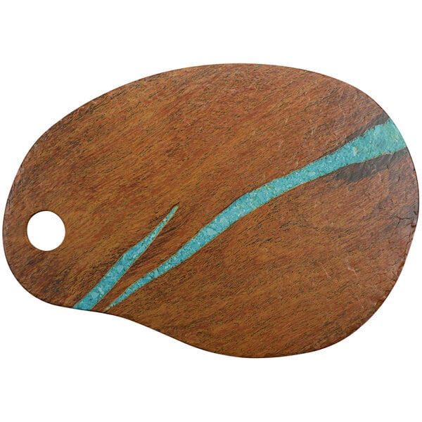 A cheforward melamine oval serving platter in cherry with turquoise streaks.