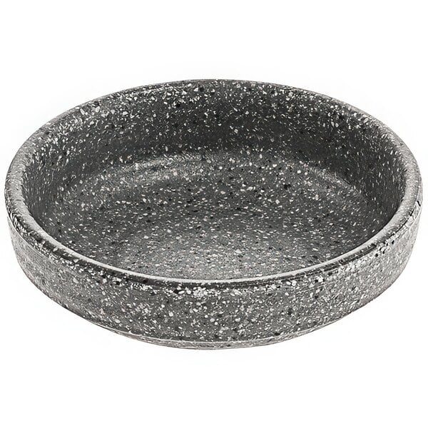 A round stone grey melamine ramekin with a speckled surface.