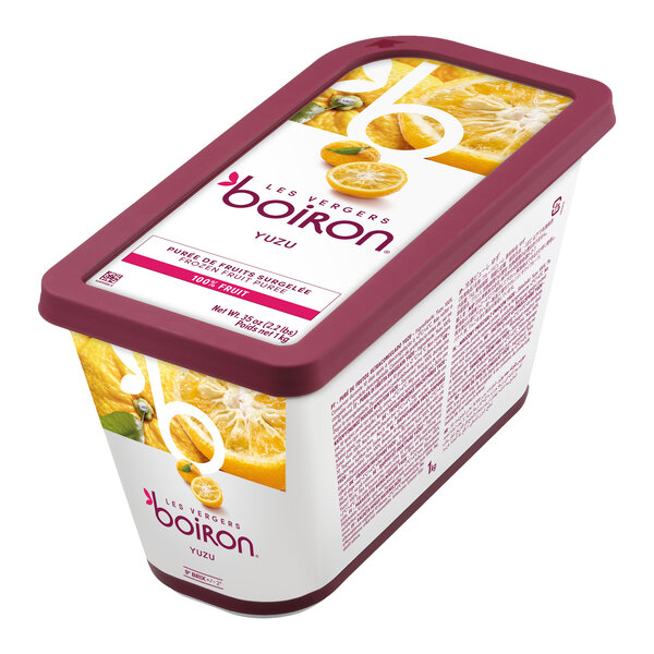 A rectangular container of Les Vergers Boiron Yuzu 100% fruit puree weighing 2.2 pounds.
