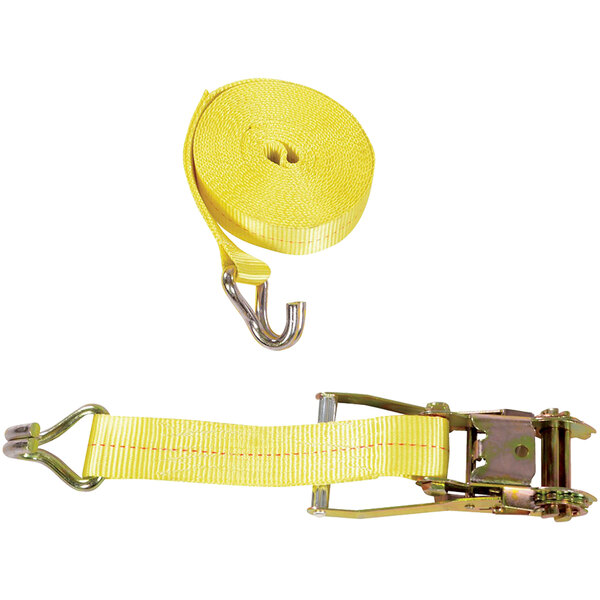 A yellow Vestil ratcheting cargo strap with rod hook.