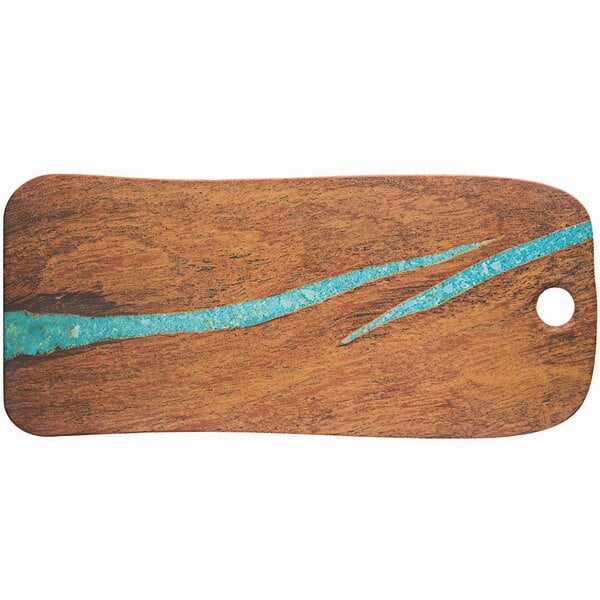 A cheforward wooden serving board with blue streaks.