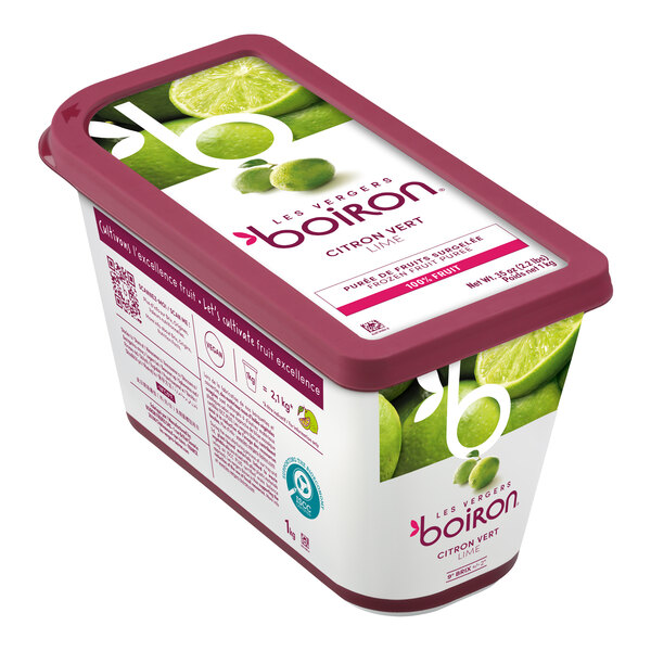 A rectangular container of Les Vergers Boiron Lime 100% Fruit Puree weighing 2.2 lb.