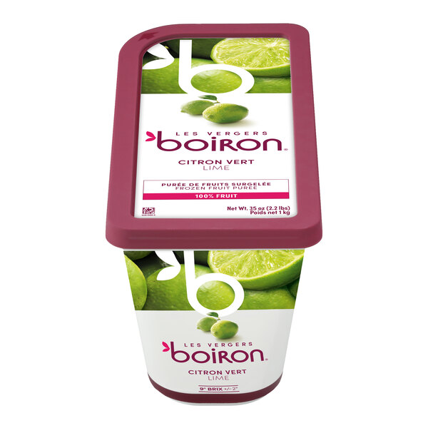 A container of Les Vergers Boiron Lime 100% Fruit Puree weighing 2.2 lb.