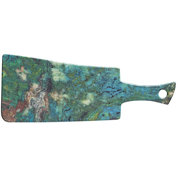 A cheforward rectangle serving board with a blue and green marbled pattern and handle.