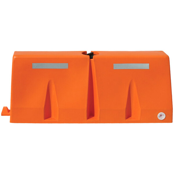 An orange Vestil polyethylene interlocking traffic barrier with metal clips.