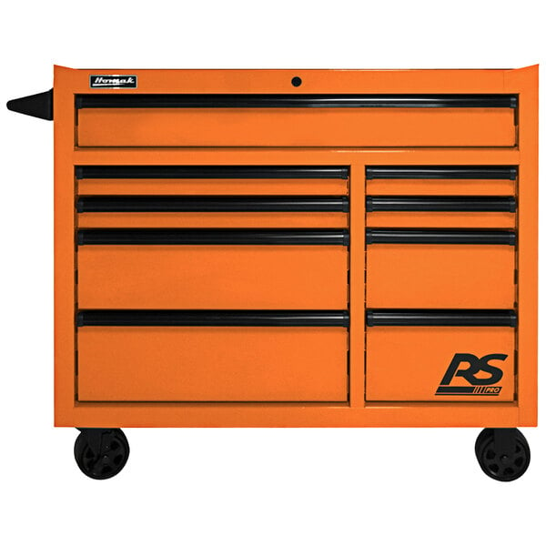 An orange Homak roller cabinet with 9 drawers and black handles.