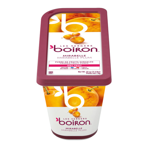 A container of Les Vergers Boiron Mirabelle Plum 100% fruit puree weighing 2.2 lb.