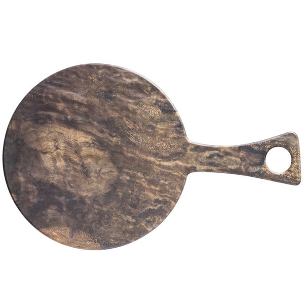 A round cheforward melamine serving board with a handle.