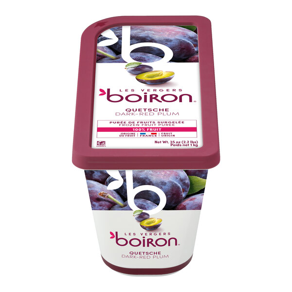 A container of Les Vergers Boiron dark red plum 100% fruit puree weighing 2.2 pounds.