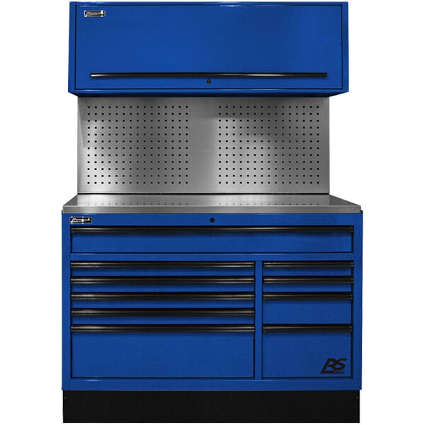 A blue Homak tool cabinet with 10 drawers and a black metal surface.