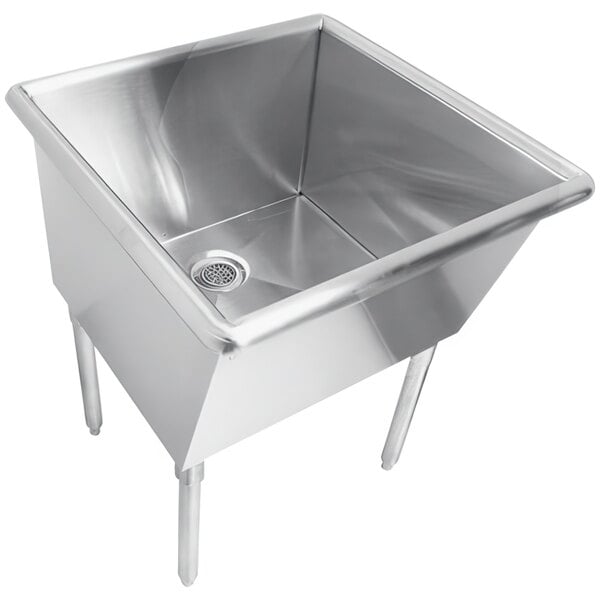 A Just Manufacturing stainless steel utility sink with legs and a drain.