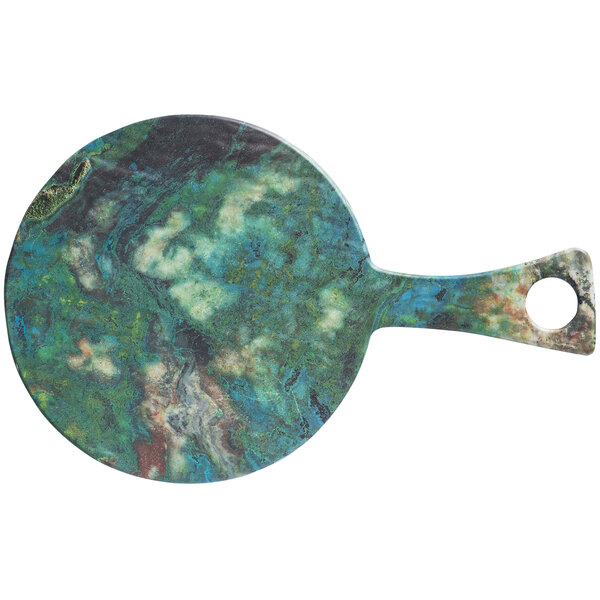 A cheforward melamine serving board with a Lapis Parrot Wing pattern handle.