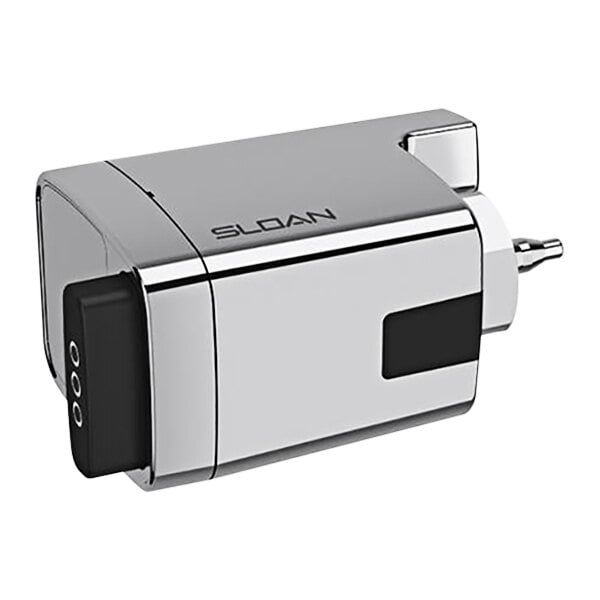 A silver and black Sloan electronic device with a button.