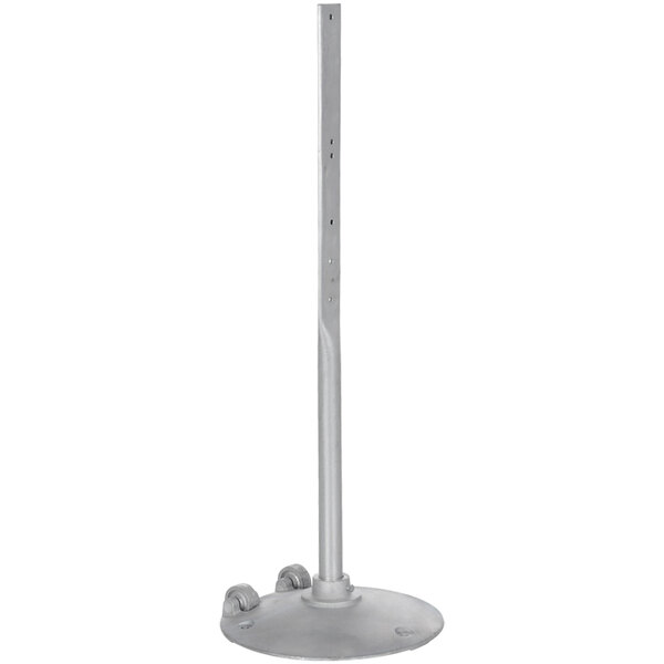 A metal sign stand with wheels and a white base and pole.