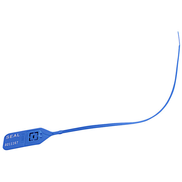 A blue Vestil polypropylene security seal with a long blue cord.