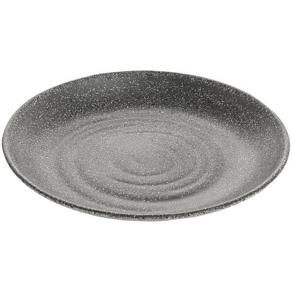 A stone grey cheforward melamine plate with a spiral pattern.