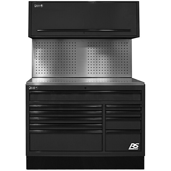A black Homak tool cabinet with silver metal surfaces and ten drawers.