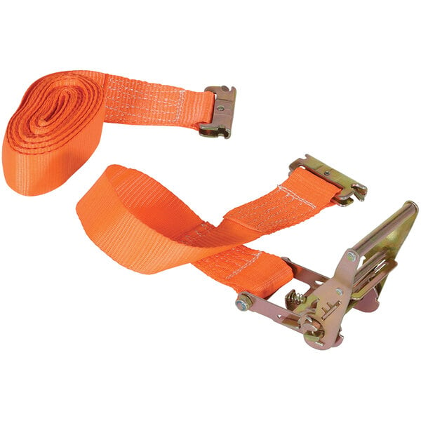 An orange Vestil ratcheting cargo strap with an E-clip.