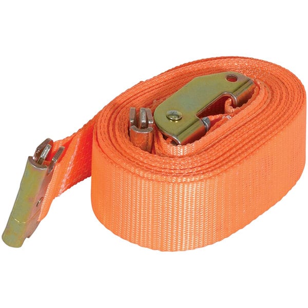 An orange Vestil polyester cargo strap with a metal E-clip.