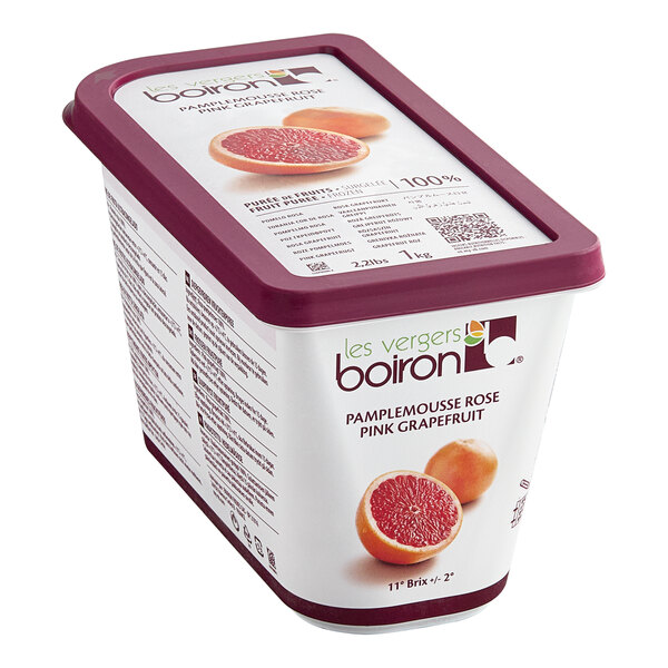 A container of Les Vergers Boiron Pink Grapefruit 100% Fruit Puree with a label.