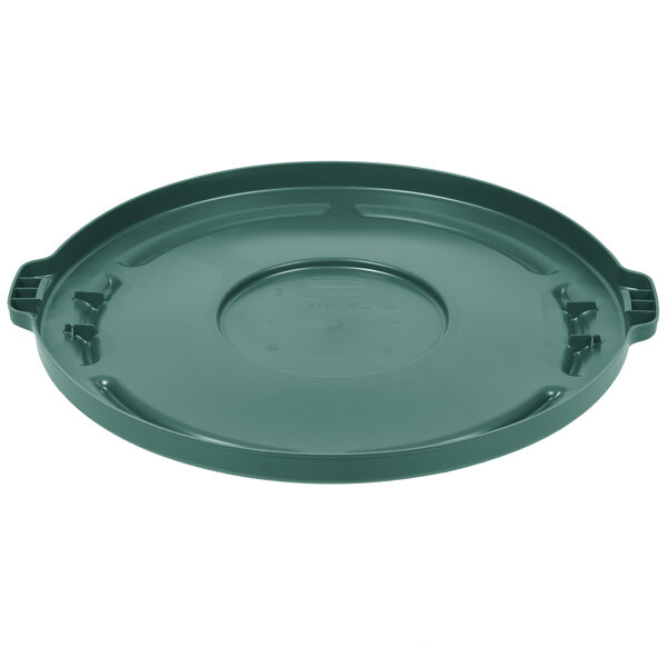 A green plastic lid for a Rubbermaid BRUTE round container with a handle.