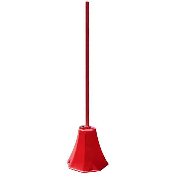 A red plastic octagon sign base with steel pole on a white background.