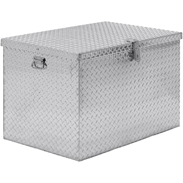 An aluminum Vestil toolbox with a diamond plate pattern on the front.