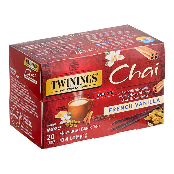 A red box of Twinings French Vanilla Chai Tea Bags.