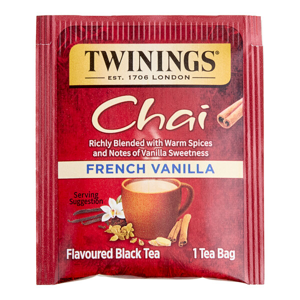 A red box of Twinings French Vanilla Chai Tea bags.