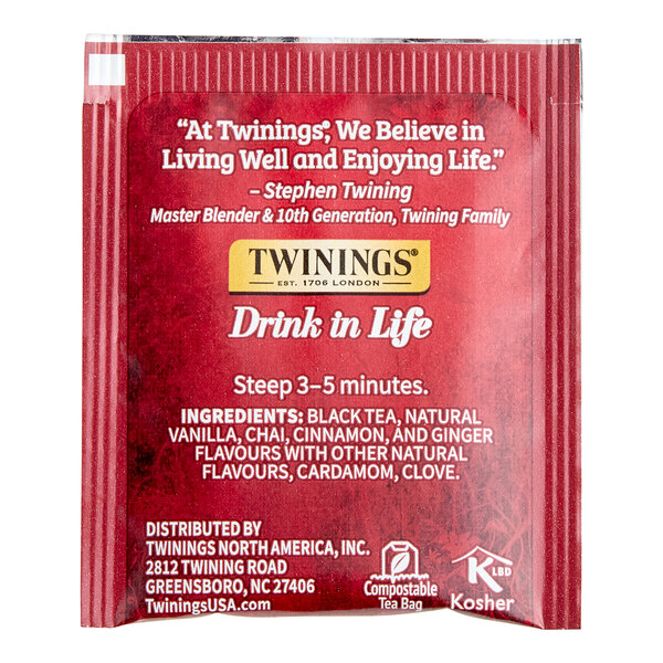 A red and white box of Twinings French Vanilla Chai Tea Bags.