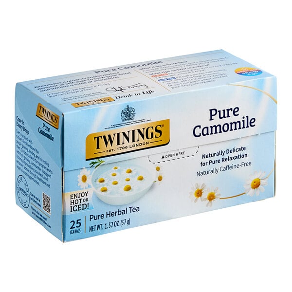 A box of Twinings Pure Chamomile Herbal Tea Bags with white and yellow packaging.