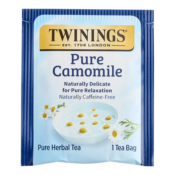 A blue and white box of Twinings Pure Chamomile Herbal Tea Bags.