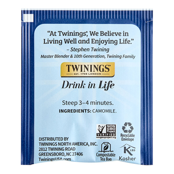 A blue and white Twinings package of Pure Chamomile Herbal Tea Bags with black and white text.