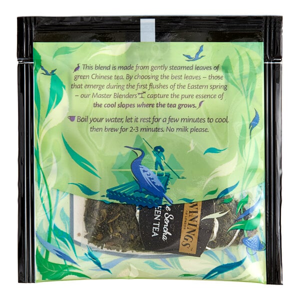 A plastic package of Twinings Pure Sencha Green Tea sachets with a blue bird on it.