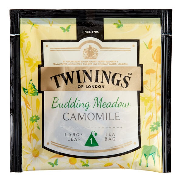 A package of Twinings Budding Meadow Chamomile Large Leaf Pyramid Tea Sachets.