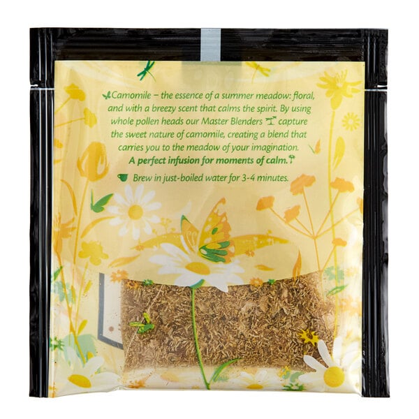 A plastic bag of Twinings Budding Meadow Chamomile large leaf pyramid tea sachets with a yellow label.