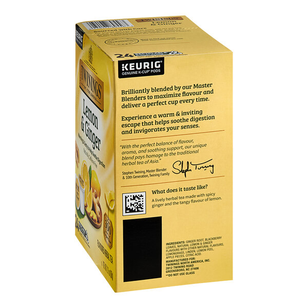 A yellow box of Twinings Lemon & Ginger Herbal Tea Keurig K-Cup Pods with black text.