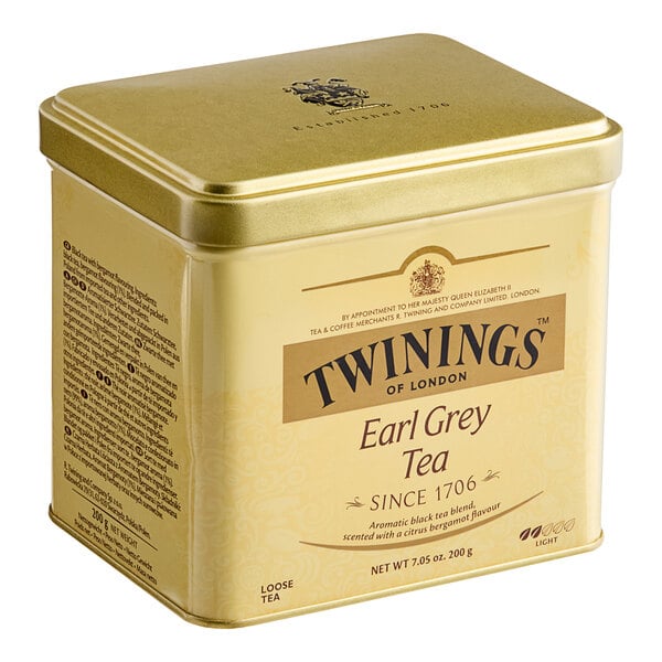 A square tin of Twinings Earl Grey loose leaf tea.