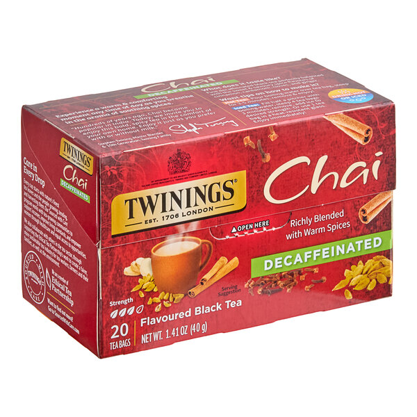 A red box of Twinings Chai Decaffeinated Tea Bags.
