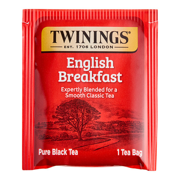 A red box of Twinings English Breakfast Tea Bags.