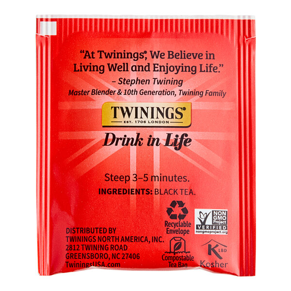 A red box of Twinings English Breakfast Tea Bags.
