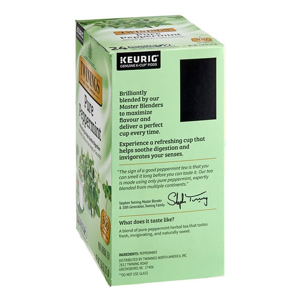 A box of Twinings Pure Peppermint Herbal Tea Keurig® K-Cup® Pods with 24 pods inside.