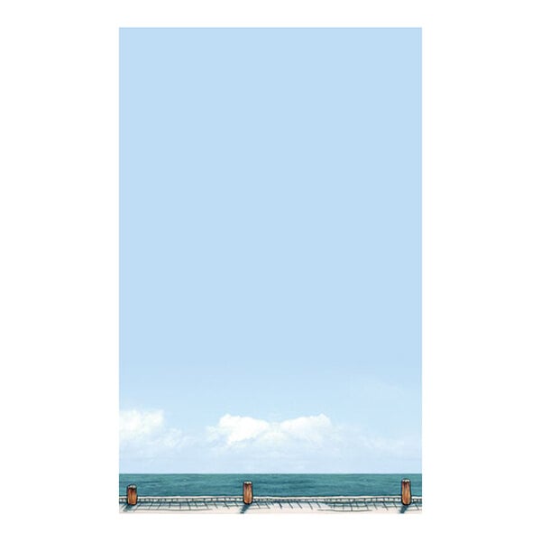 An illustration of a seaside port with a wooden railing in the foreground, calm ocean water, and a blue sky with clouds, leaving ample blank space above.