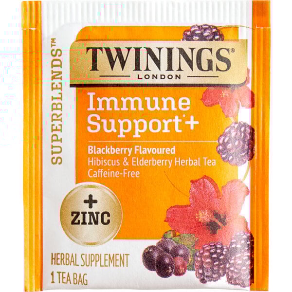 A package of 16 Twinings Superblends Immune Support+ Blackberry, Hibiscus, & Elderberry Herbal Tea Bags.