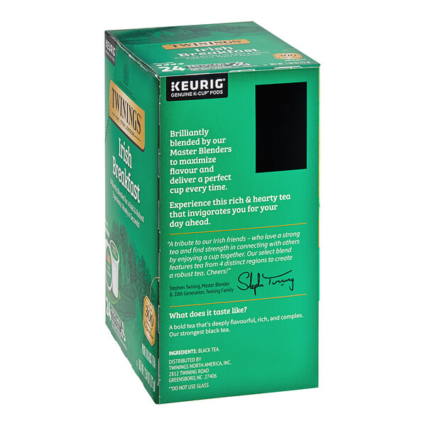 A green box of Twinings Irish Breakfast Tea Single Serve Keurig K-Cup Pods with white and black text.