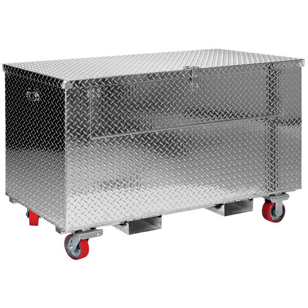 A metal Vestil toolbox with aluminum tread plate on wheels.