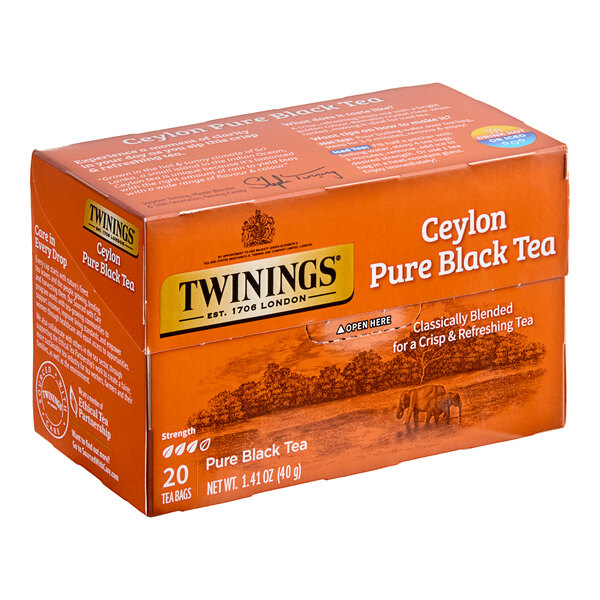 A box of Twinings Ceylon Pure Black Tea Bags.